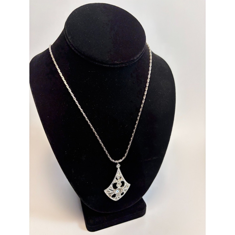 Pendant Necklace Signed Sarah Coventry 1970s Silver Tone‎ and Rhinestone
